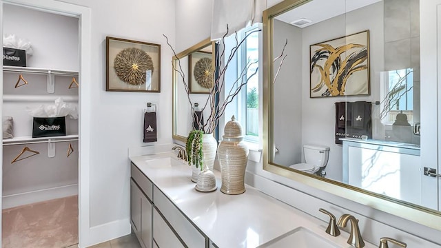 full bath with toilet, a spacious closet, plenty of natural light, and a sink