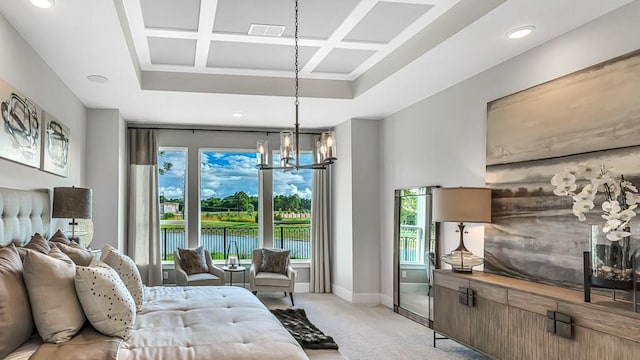 living room with a chandelier, light colored carpet, a wealth of natural light, and recessed lighting