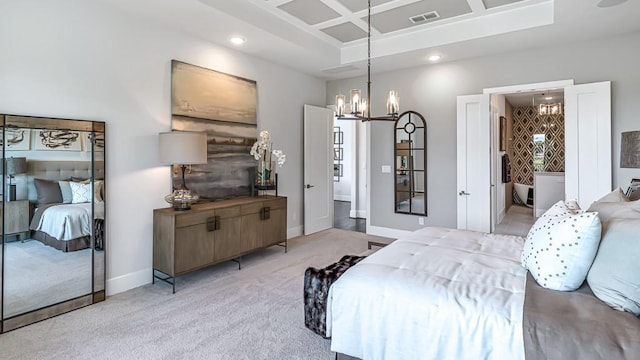 bedroom featuring visible vents, light colored carpet, a notable chandelier, coffered ceiling, and recessed lighting