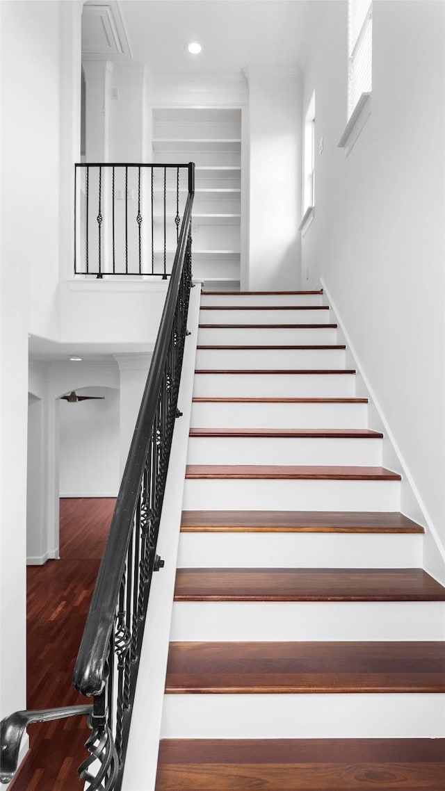 4524 Rose St, Houston, TX 77007 - staircase featuring recessed lighting, ornamental molding, and wood finished floors