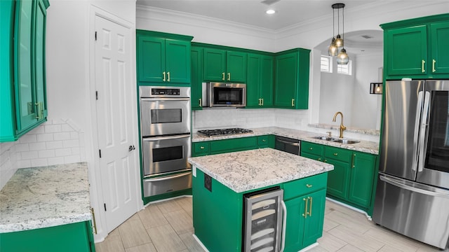 4524 Rose St, Houston, TX 77007 - kitchen with a kitchen island, a sink, wine cooler, a warming drawer, and stainless steel appliances