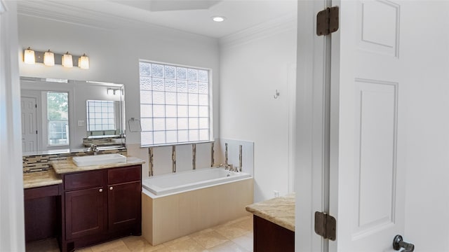 4524 Rose St, Houston, TX 77007 - bathroom with crown molding, tile patterned flooring, vanity, recessed lighting, and a garden tub