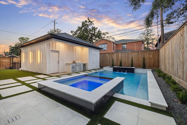 1550 Gardenia Dr, Houston, TX 77018 - view of swimming pool featuring a fenced backyard, an outdoor structure, and a pool with connected hot tub