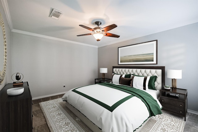 13826 Menasco Ct, Houston, TX 77077 - bedroom featuring baseboards, ornamental molding, a ceiling fan, and wood finished floors