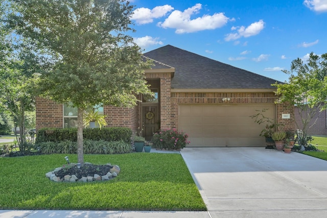 obstructed view of property featuring brick siding, a shingled roof, a front lawn, and a garage