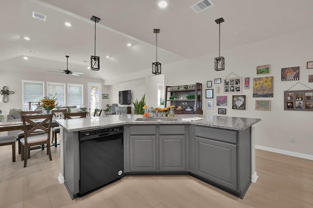 kitchen with visible vents, open floor plan, gray cabinets, and dishwasher