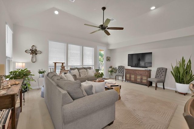 living room with recessed lighting, baseboards, ceiling fan, and light wood-style floors