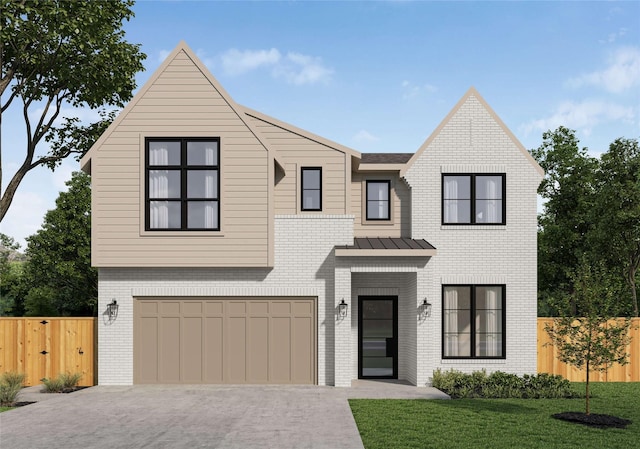1411 Ebony Ln, Houston, TX 77018 - modern farmhouse with fence, a garage, driveway, and brick siding