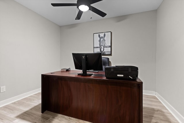 office with ceiling fan, wood finished floors, and baseboards