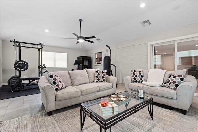 living area featuring ceiling fan and recessed lighting