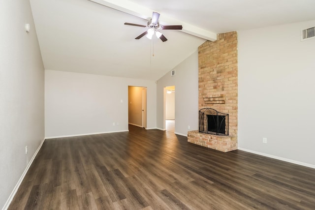 23314 Goodfellow Dr, Spring, TX 77373 - unfurnished living room featuring dark wood-type flooring, baseboards, ceiling fan, and a fireplace