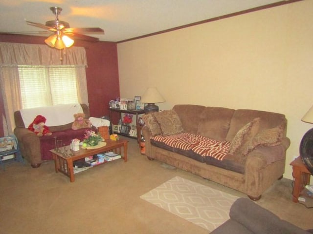 carpeted living room featuring a ceiling fan and ornamental molding