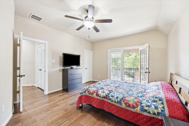 bedroom with visible vents, light wood-style floors, baseboards, ceiling fan, and access to outside