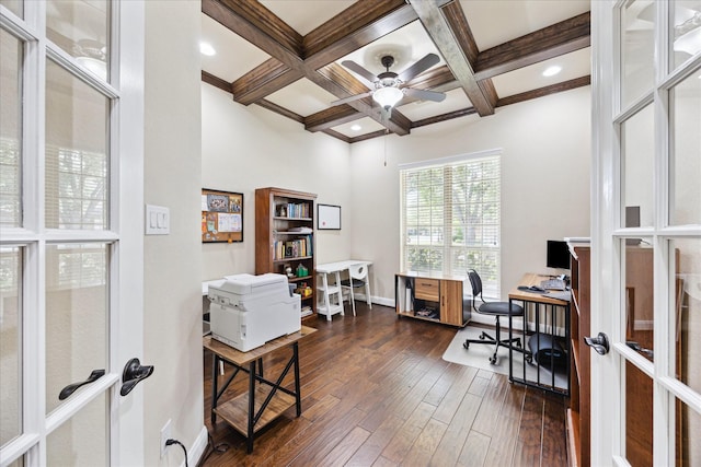 office area with a ceiling fan, baseboards, beamed ceiling, dark wood-style floors, and coffered ceiling
