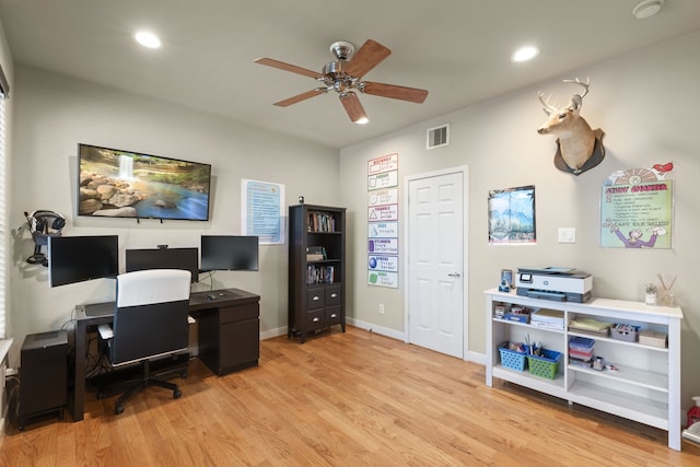 office with ceiling fan, recessed lighting, wood finished floors, and visible vents
