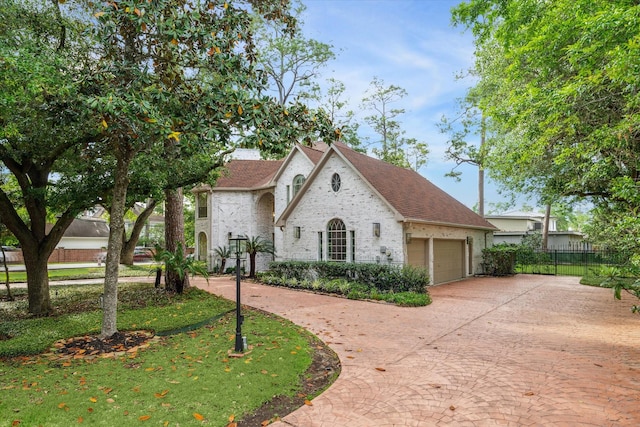 view of front of home featuring fence, an attached garage, brick siding, and driveway