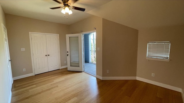 1718 Elgin St, Houston, TX 77004 - unfurnished bedroom with light wood finished floors, baseboards, access to outside, and a ceiling fan
