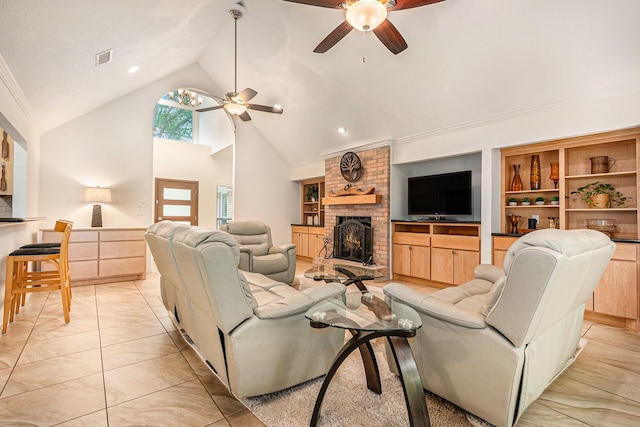 living area with visible vents, a brick fireplace, ceiling fan, high vaulted ceiling, and recessed lighting