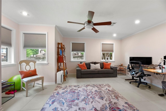 20415 Aspenwilde Dr, Cypress, TX 77433 - office with ceiling fan, visible vents, ornamental molding, and light tile patterned floors