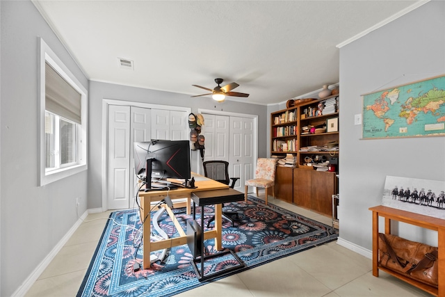 20415 Aspenwilde Dr, Cypress, TX 77433 - office space featuring crown molding, light tile patterned flooring, ceiling fan, baseboards, and visible vents