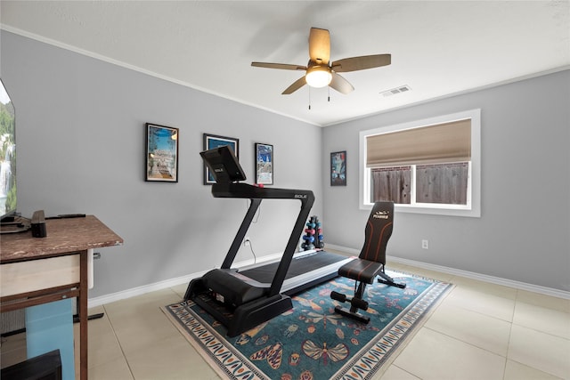 20415 Aspenwilde Dr, Cypress, TX 77433 - workout area featuring a ceiling fan, visible vents, baseboards, tile patterned floors, and ornamental molding