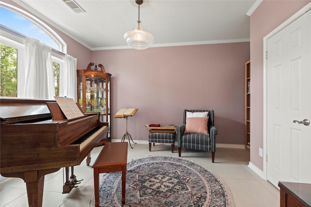 20415 Aspenwilde Dr, Cypress, TX 77433 - living area featuring crown molding, baseboards, light tile patterned flooring, and visible vents