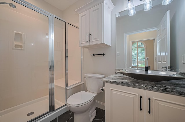 full bathroom with vanity, tile patterned flooring, a stall shower, and toilet