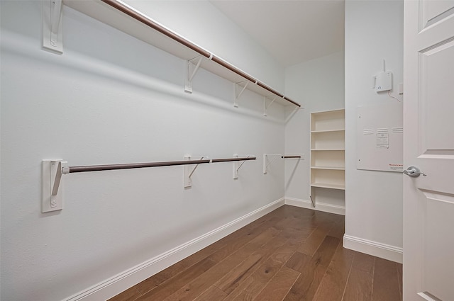 walk in closet with dark wood-type flooring