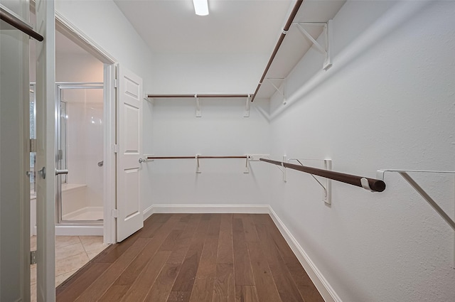 walk in closet featuring dark wood finished floors