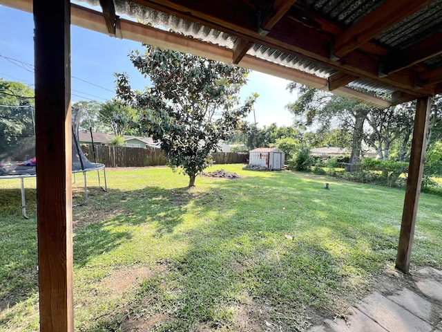 view of yard with a fenced backyard, a storage unit, a trampoline, and an outbuilding