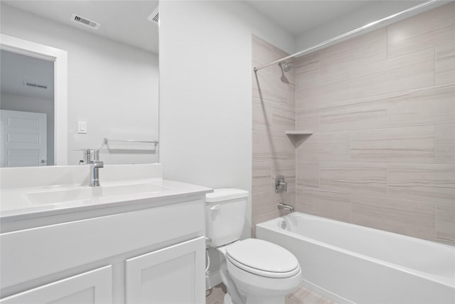 bathroom with toilet,  shower combination, visible vents, and vanity