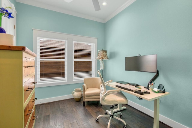 1303 Blue Heron St, Bayou Vista, TX 77563 - office featuring a ceiling fan, baseboards, ornamental molding, and wood finished floors
