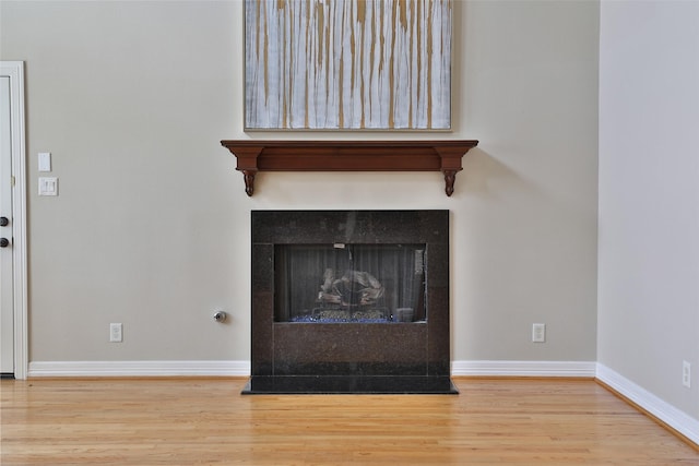 details featuring baseboards, a fireplace, and wood finished floors