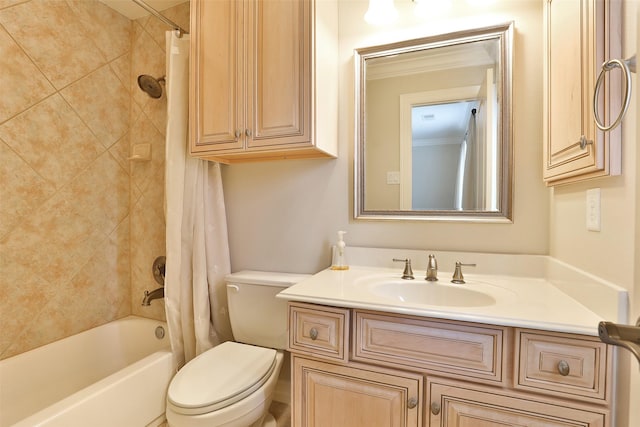bathroom with vanity, shower / tub combo with curtain, crown molding, and toilet
