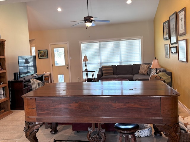 office area with light tile patterned floors, vaulted ceiling, a ceiling fan, and recessed lighting