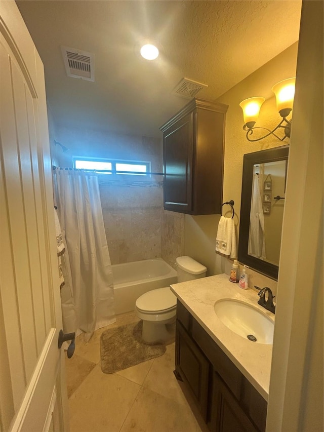 2731 Sea Ledge Dr, Seabrook, TX 77586 - full bathroom with toilet, vanity, shower / bath combination with curtain, tile patterned floors, and a textured ceiling