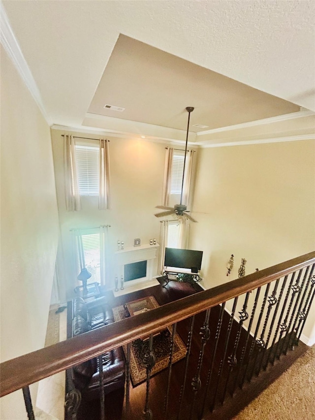 2731 Sea Ledge Dr, Seabrook, TX 77586 - stairway with a tray ceiling, ornamental molding, a ceiling fan, and carpet floors
