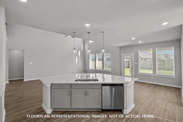 kitchen featuring stainless steel dishwasher, a sink, wood finished floors, and open floor plan