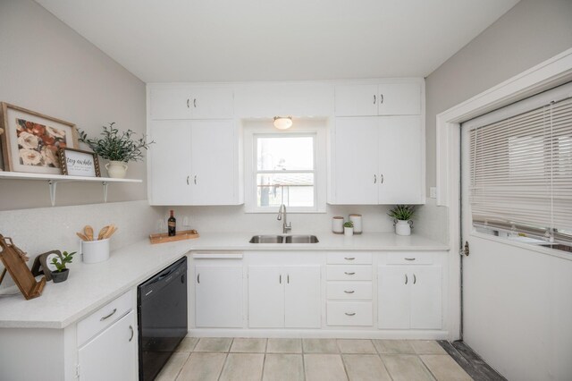 kitchen with light countertops, white cabinetry, a sink, and dishwasher