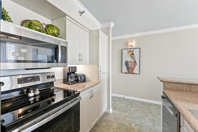 kitchen with crown molding, light stone countertops, baseboards, white cabinets, and appliances with stainless steel finishes