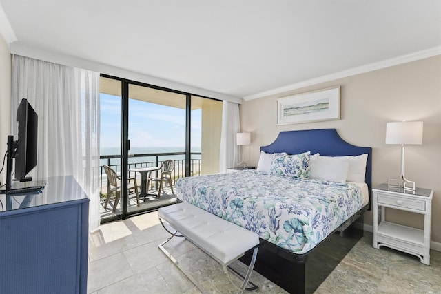 bedroom with access to outside, crown molding, a water view, and expansive windows