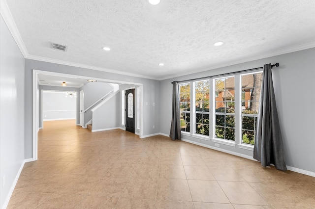4103 Waterstone Dr, Missouri City, TX 77459 - unfurnished living room featuring a textured ceiling, recessed lighting, baseboards, visible vents, and ornamental molding