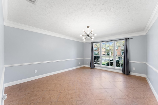 4103 Waterstone Dr, Missouri City, TX 77459 - empty room featuring a textured ceiling, visible vents, crown molding, baseboards, and a chandelier
