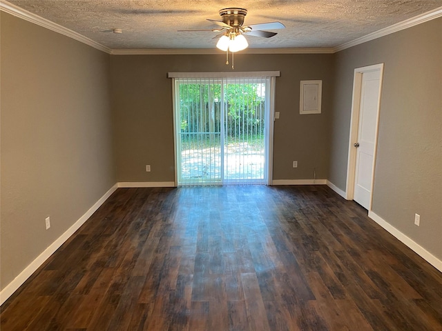 empty room featuring a ceiling fan, a textured ceiling, crown molding, dark wood finished floors, and baseboards