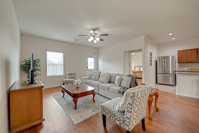 7908 Beryl Ct, Texas City, TX 77591 - living area featuring a ceiling fan, visible vents, baseboards, light wood finished floors, and recessed lighting