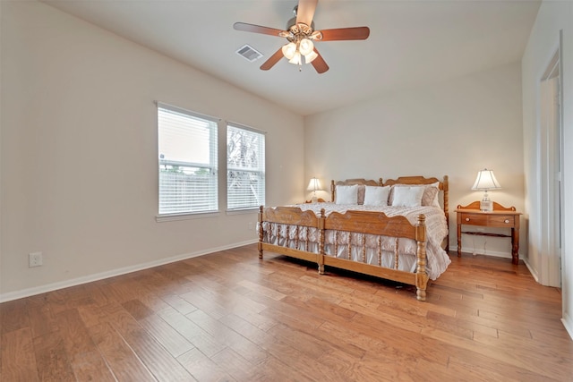 7908 Beryl Ct, Texas City, TX 77591 - bedroom featuring baseboards, visible vents, ceiling fan, and light wood finished floors