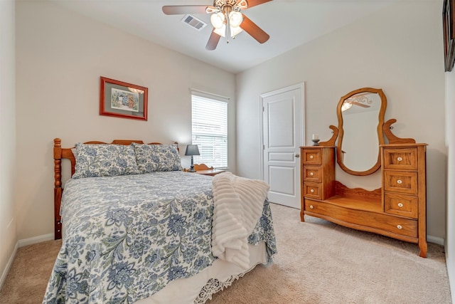 7908 Beryl Ct, Texas City, TX 77591 - bedroom featuring baseboards, visible vents, light carpet, and ceiling fan
