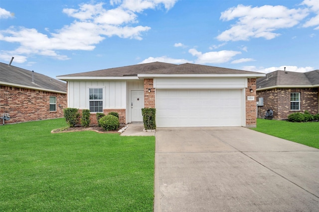 7908 Beryl Ct, Texas City, TX 77591 - ranch-style house featuring board and batten siding, driveway, brick siding, a front lawn, and an attached garage