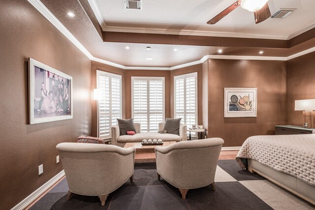 bedroom featuring recessed lighting, visible vents, and ornamental molding