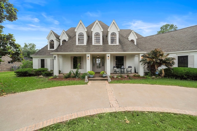 32743 Weybridge St, Fulshear, TX 77441 - cape cod-style house with roof with shingles, covered porch, brick siding, and a front lawn